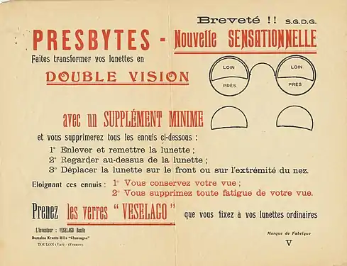 Publicité pour les lunettes bifocales Veselago.