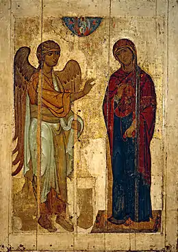 Icône. L'Ange est debout à gauche, devant Marie.