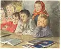 Nikolaï Bogdanov-Belski. « Les enfants suivant la leçon ». L'école d'Ostrovno sert de décor au tableau