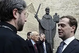 Les présidents Napolitano et Medvedev en visite à l'église, 1er mars 2009