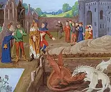 Peinture médiévale représentant deux dragons blanc et rouge se battant dans une fosse. Plusieurs personnages assistent à la scène. Au fond se dresse un château.