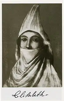 Portrait d'une femme, le visage a demi-couvert par un voile, avec une coiffe conique.