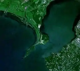 Image satellite de la baie de l'Amour avec la péninsule De Vries en son centre.