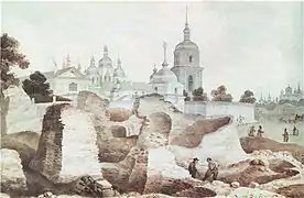 Ruines du monastère de Sainte Irène et en fond la Cathédrale Sainte-Sophie de Kiev. Kiev, 1846.
