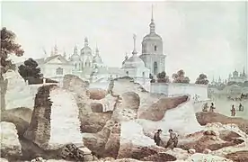 Ruines du monastère de Sainte Irène et en fond la Cathédrale Sainte-Sophie de Kiev. Kiev. Illustration de Mikhaïl Sajine, 1846.