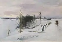 Paysage d'hiver au petit pont et au traineaux