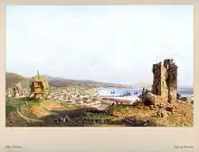 Théodosie, à l'emplacement de l'ancien comptoir de Caffa, avec au premier plan les ruines de la forteresse génoise, tableau de Carlo Bossoli, 1856