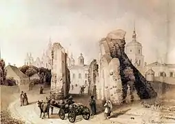 La Porte dorée. Illustration de Mikhaïl Sajine, 1846. À la différence de Sainte-Irène, ce vestige du règne de Iaroslav, dans un état de ruine similaire au xixe siècle, sera conservé et entièrement reconstruit par les autorités soviétiques.