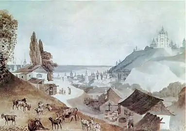 Vue depuis la colline de Chtchekavistsa du quartier de Podil, aquarelle de Mikhaïl Sajine, années 1840.