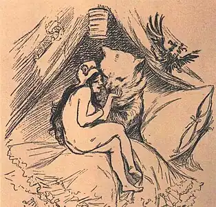 Marianne et l'Ours du Nord, dessin de presse sur l'alliance franco-russe, 1893.
