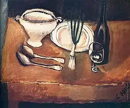 Tableau à l'huile représentant une soupière, une assiette, des couverts et une bouteille.