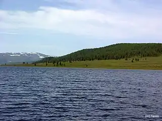 le lac avec une forêt et la chaîne d'Aigoulak au fond.