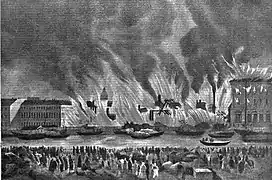 Gravure du XIXe siècle illustrant un incendie du marché en 1862.