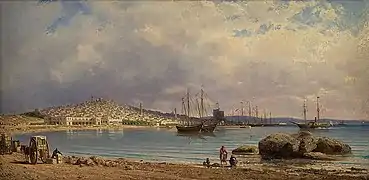 « Vue de Bakou depuis la mer ». 1872. Musée national d'Azerbaïdjan, Bakou