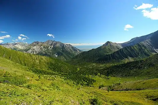 Vallée de la Kyngyrga avec le Pic Lyoubvi au centre.