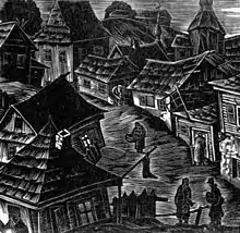 Gravure sur bois représentant en noir et blanc des maisons basses le long d'une rue centrale avec quelques personnages.