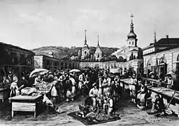 Vue sur la place des Contrats de Podil et en fond les clochers du monastère Florivski, Kiev