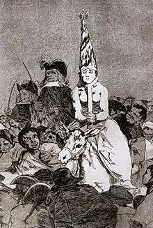 Condamnée par l'Inquisition espagnole, obligée d'affronter la vindicte populaire, portant un coroza où sont peints des lamas, ce qui indique qu'elle sera brûlée, Goya, 1797-98