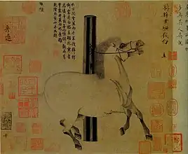 attribué à Han Gan, actif vers 740-760, Huiyebai (Night-Shining White)cheval favori de l'empereur Xuanzong, encre et couleurs sur soie 25x30 cm, MET.