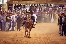 Photo en couleur d'un cavalier tenant un sabre sur un cheval au galop, sur les côtés une foule les regarde