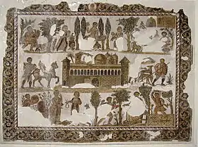 Vue générale de la mosaïque du seigneur Julius représentant la villa et diverses scènes de la vie agricole du domaine à divers moments de l'année.