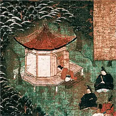 Auteur anonyme. Biographie illustrée du prince Shōtoku , six rouleaux peints sur soie, XIVe ou XVe siècle, époque de Muromachi, 2e rouleau représentant la fondation du temple Rokkaku-dō à Kyoto.