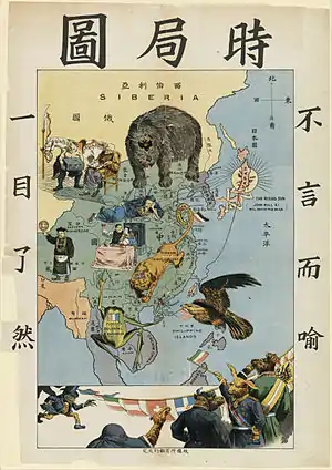 Vue chinoise de la situation dans l'extrême orient, 1905. Ours pour la Russie venant du nord, bulldog pour le Royaume-Uni dans le sud de la Chine, grenouille pour la France en Asie du Sud-Est et aigle américain pour les États-Unis venant des Philippines