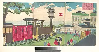 Train à vapeur arrivant à la gare de Shiodome dans une ukiyo-e de 1872.