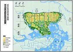 Le premier stade de la création, divisé en trois blocs : la ville au nord, le jardin au centre et le lac au sud.