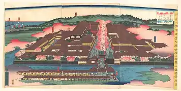 Vue du district Miyozaki à Yokohama, Kanagawa (Kanagwa Yokohama Miyozaki machi yūjoya kōkei), 1864. Image (a): 36.5 x 24.8 cm; image (b): 36.8 x 25.1 cm; image (c): (36.8 x 24.8 cm).