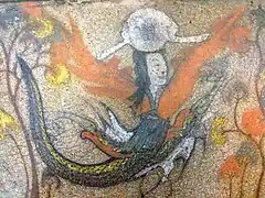 Photographie d'une peinture murale présentant une créature fantastique, d'apparence humaine, dotée d'une queue de serpent à la place des jambes, et d'ailes en plus de bras.