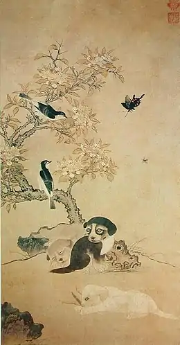 Yi Am. Petits chiots, fleurs et oiseaux. 1500-1550. Encre et couleur légère, papier H. 86 cm. Musée d'art Ho-Am