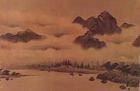 Seo Mun-bo. Paysage. Encre sur soie, fin XVe siècle. Yamatobunkakan, Nara, Japon