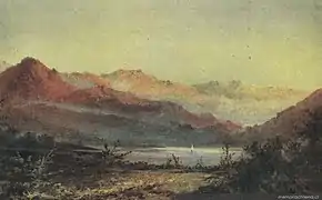 Antonio Smith (es) (Chili), Paisaje con cordillera y laguna (« Paysage avec Cordillère et lac », n. d., Bibliothèque nationale du Chili).