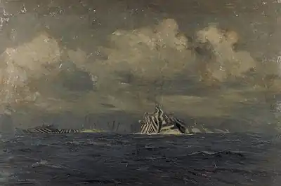 Tableau de Norman Wilkinson représentant un convoi de bateaux revêtus de dazzle painting, son invention (1918)