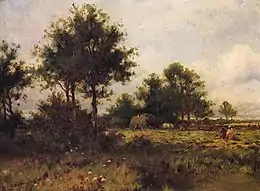 Une peinture à l'huile pastorale, avec des tons chauds. Au premier plan, il y a de petites fleurs près d'un étang trouble. Une parcelle sombre d'arbres les sépare des ouvriers agricoles noirs qui travaillent dans la lumière du soleil plus loin derrière. Un chariot rempli de foin se tient contre un autre ensemble d'arbres.