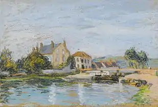 « Maisons au bord de l'écluse de la Gazonne »,Alfred Sisley (1839 - 1899)