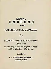 Facsimilé. Stevenson décrit comme "Author of Later-Day Arabian Nights, Travels with a Donkey, Not I, &c."