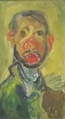 Portrait en couleur d'un homme, en des tons dominants vert et rouge.