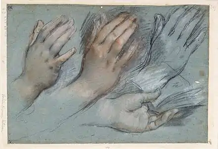 Études pour les mains de la Vierge Marie pour l’Annonciation, fusain et pastel rehaussés de blanc sur papier bleu, musées d'État de Berlin