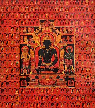 « Le Bouddha Akshobhya Dhyani », thangka tibetain, fin du XIIIe siècle, Honolulu Museum of Art. Le fond est constitué d'images multiples des Cinq Bouddhas dhyani (en).