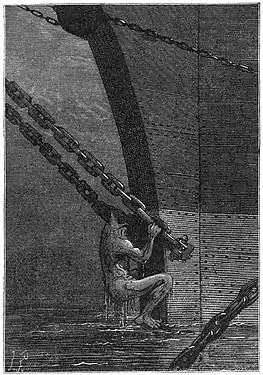 Gravure en noir et blanc représentant un homme au niveau de la proue d'un navire à bord duquel il veut monter en passant par la chaine de son ancre.