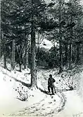 Dessin au graphite sur papier vergé d'un homme marchant le long d'un sentier forestier, muni d'une canne. Les arbres le surplombent, occupant la majeure partie de la page, mais une petite clairière dans les arbres est visible devant lui.