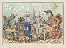 Caricature en couleurs, hommes âgés l'air joyeux, buvant et conversant (philactères) autour d'une table