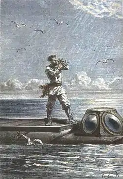 Juché sur le Nautilus, le capitaine Nemo calcule la latitude grâce à son sextant. Gravure d'après un dessin d'Alphonse de Neuville ou Édouard Riou.