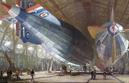 R 34 et R 29 au hangar à East Fortune, peinture d'Egerton Cooper (en), 1919