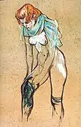 Femme qui tire son bas (1894), huile sur carton (61,5 × 44,5 cm), Albi, musée Toulouse-Lautrec.