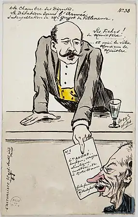 Caricature de l'interpellation par Guyot de Villeneuve du général André à la Chambre, le 28 octobre 1904.