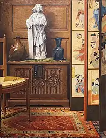 Composition au paravent japonais, coffre et sculpture médiévale (1923) , huile sur toile.