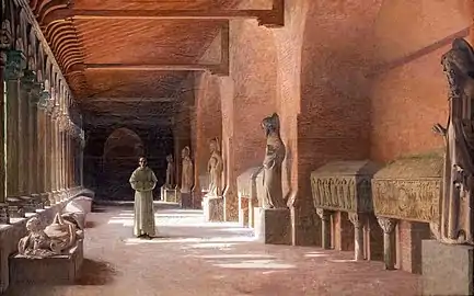Méditation par Henri Rachou (musée des Augustins) représentant le cloître du musée des Augustins où étaient exposés les sarcophages paléochrétiens avant leur transfert au musée Saint-Raymond.